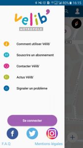 Menu de l'application Vélib'