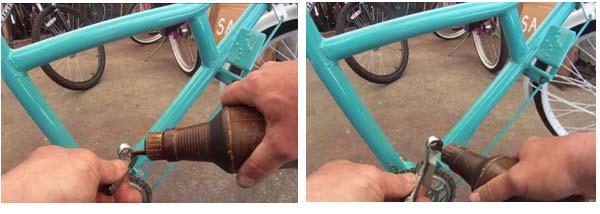 préparation pour tarauder une manivelle de pédalier vélo