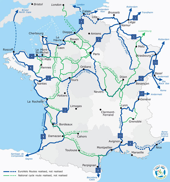 Carte des routes eurovelo de tourisme à vélo en France