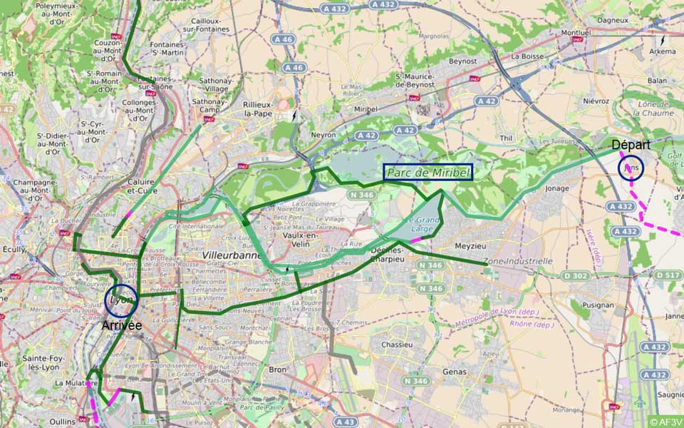 Carte itinéraire de La ViaRhôna, zoom sur Lyon