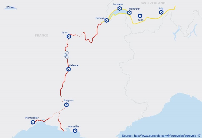 Carte itinéraire de Via Rhôna EuroVelo 17