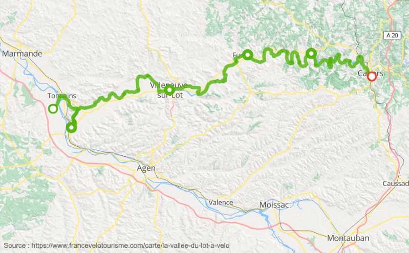 Carte de l'itinéraire de la véloroute de la vallée du Lot