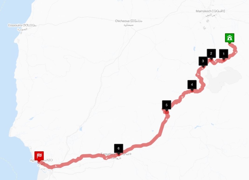 Entre montagne et mer. Carte du parcours dans l'Atlas de Marrakech à Agadir