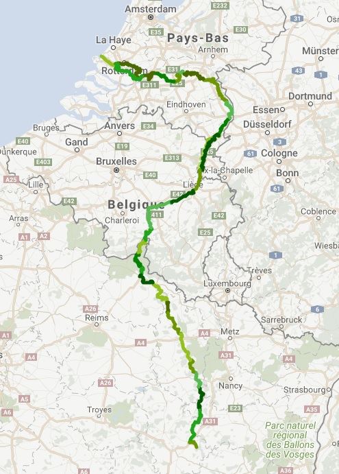 Itinéraire de l'EuroVelo 19 le long de la Meuse à vélo
