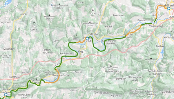 Itinéraire de l'étape du Doubs à vélo Baume-les-Dames à Montbéliard