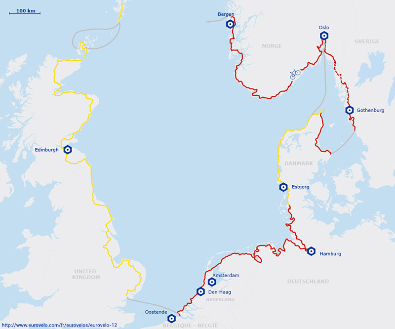 Carte itinéraire de la véloroute de la Mer du Nord EuroVelo 12