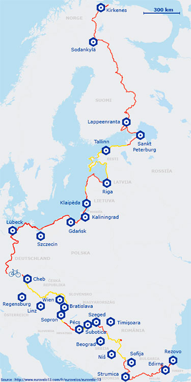 Carte de l'itinéraire de l'EuroVelo 13