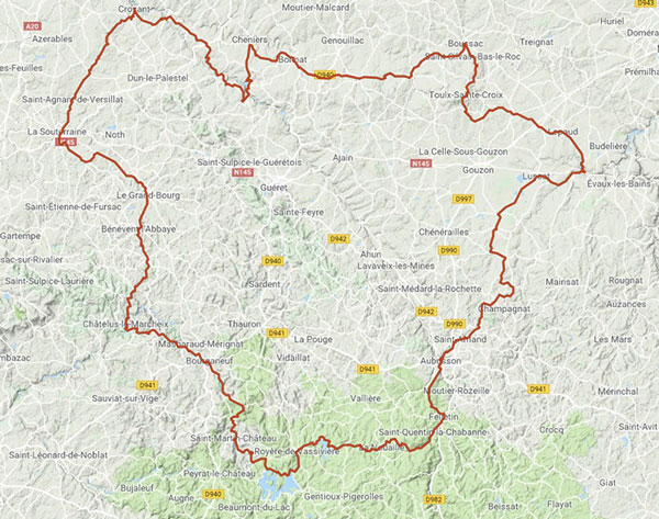 Carte de l'itinéraire du Tour de Creuse à vélo