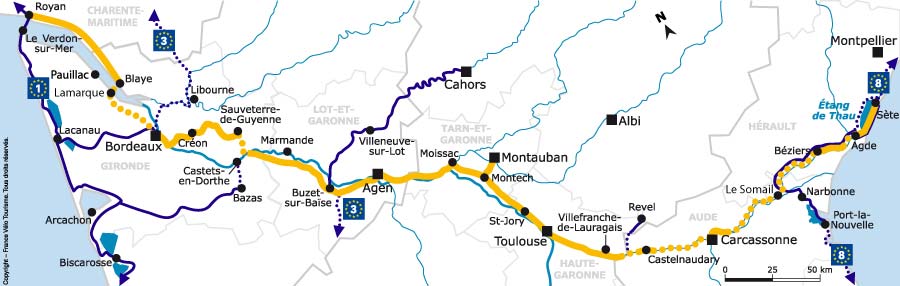 Carte de l'itinéraire du Canal des 2 Mers à vélo