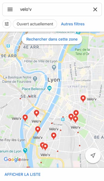 La cartes des stations vélo'v à Lyon