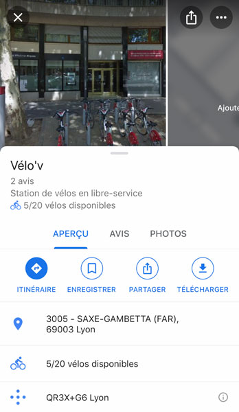 Détail d'une station Velo'v sur Google Maps