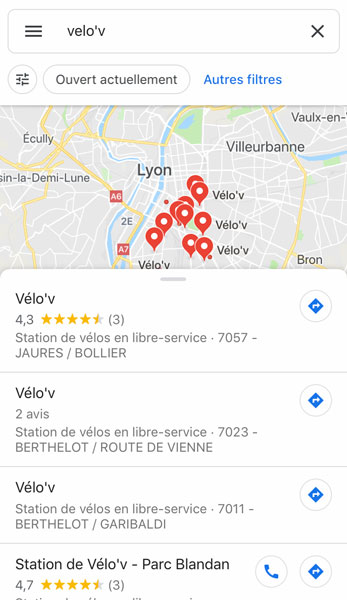 L'application cartographique de Google affiche les stations Velo'v