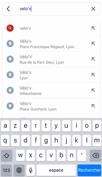 Recherche velo'v sur Google Maps