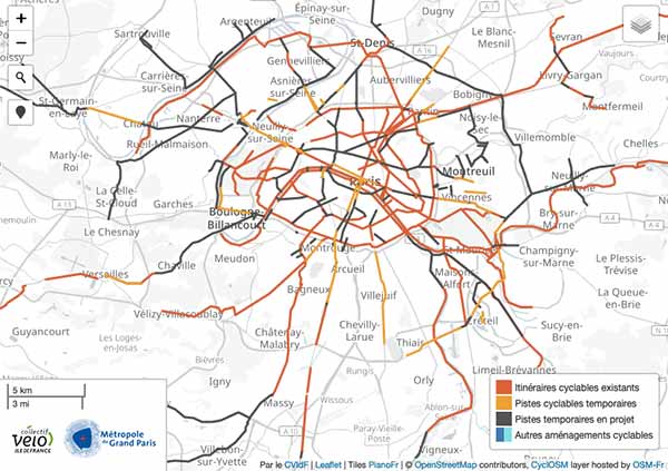 Carte des aménagements cyclables provisoires à Paris