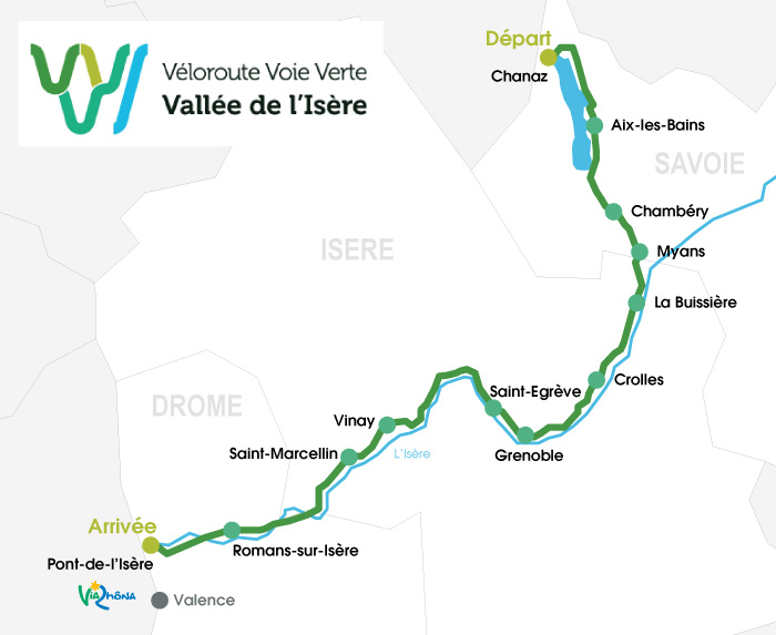 Carte itinéraire de la Vallée de l'Isère à vélo