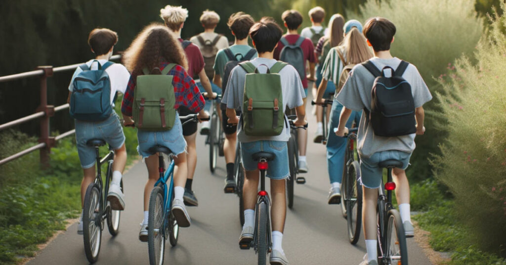 Un groupe de collégiens se rend au collège à vélo.