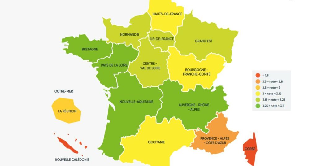 Carte de France avec ses régions colorées en fonction de leur classement au baromètre 2025. 