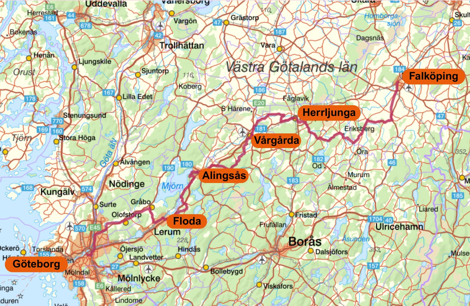 carte de l'itinéraire de la Ljungleden avec les 5 villes étapes