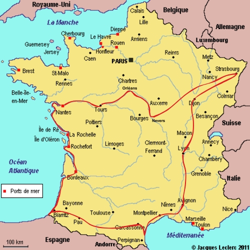 carte de la France avec un parcours vélo ciblé culture