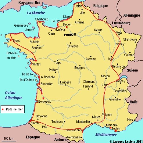 carte de la France avec un tour de France à vélo axé paysages naturels