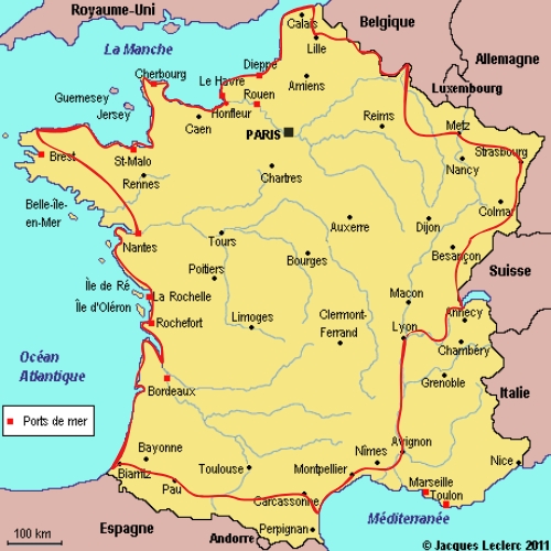 carte de la France avec le tracé d'un tour de France à vélo axé performance