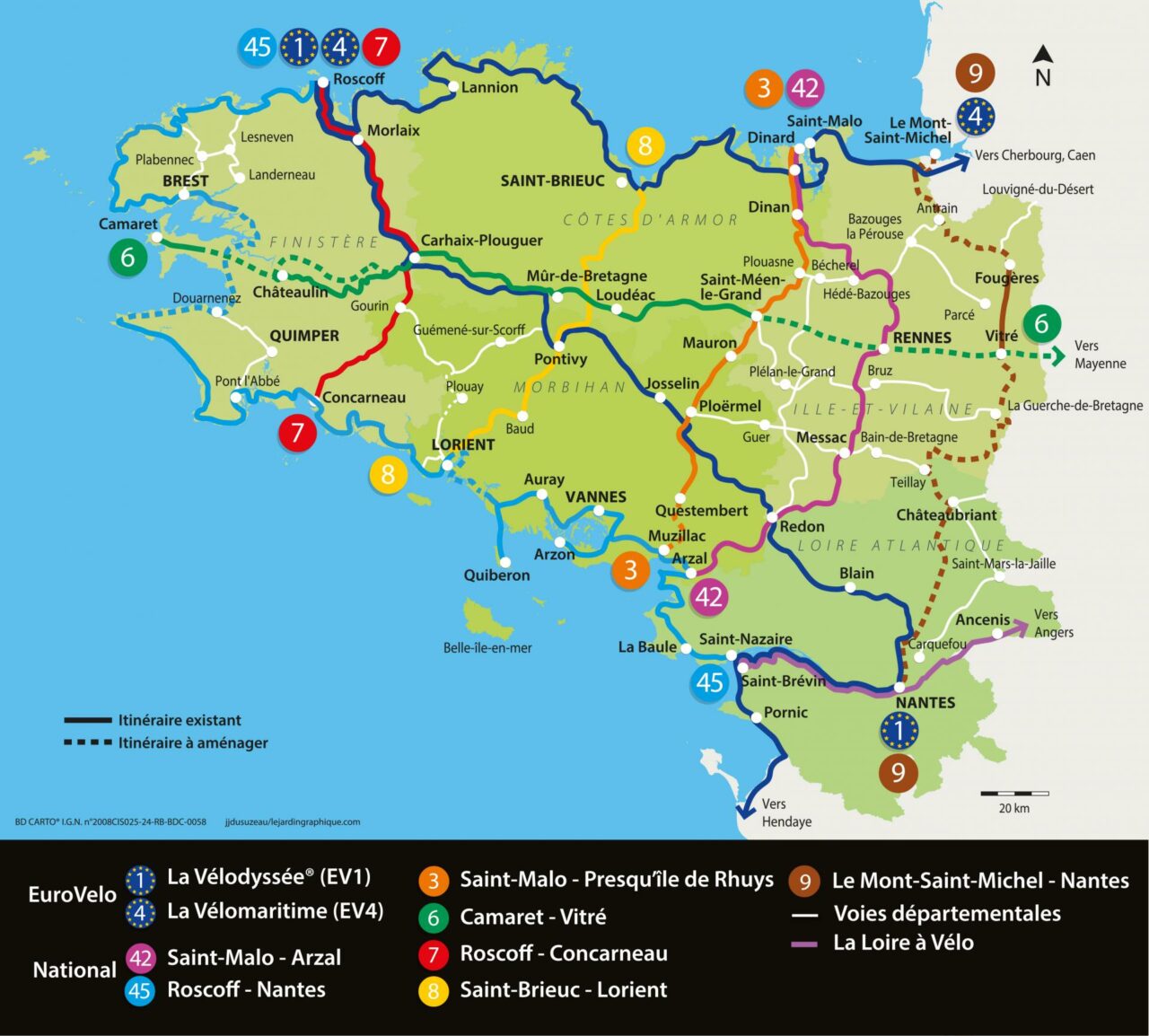 carte des véloroutes de Bretagne