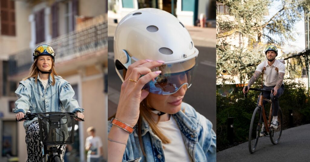 3 photos du casque City Color de Diezz porté par un cycliste homme et une cycliste femme