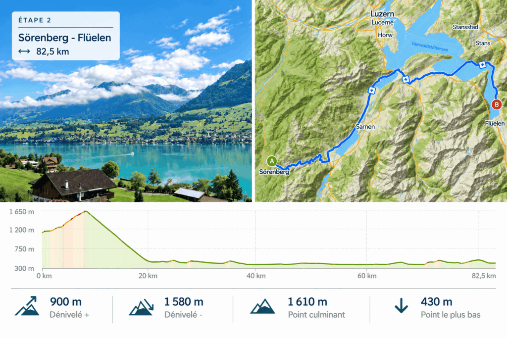 Infographie de l'étape 2: Sörenberg - Flüelen avec photo, profil et fond de carte Komoot.