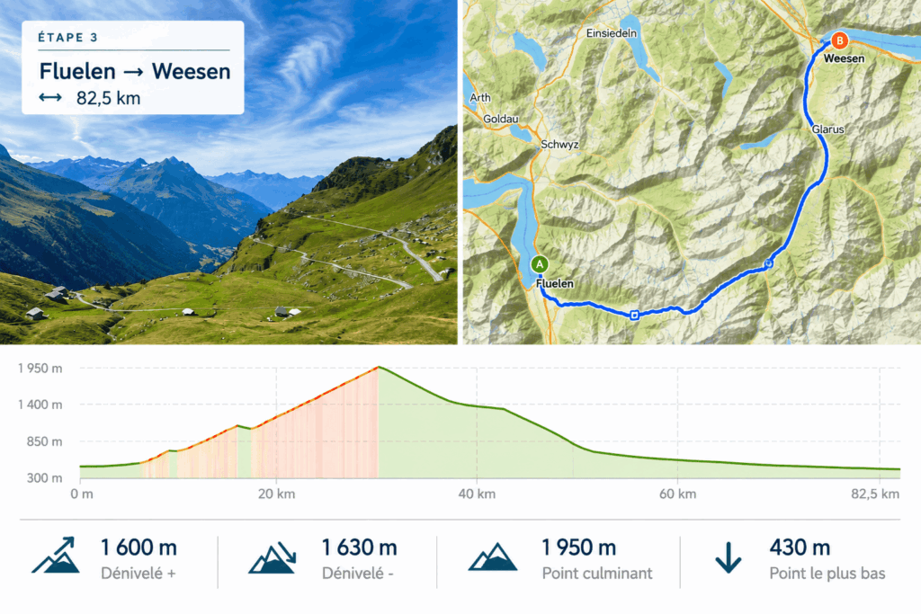 Infographie de l'étape 2 : Flüelen - Wessen avec photo, profil et fond de carte Komoot.