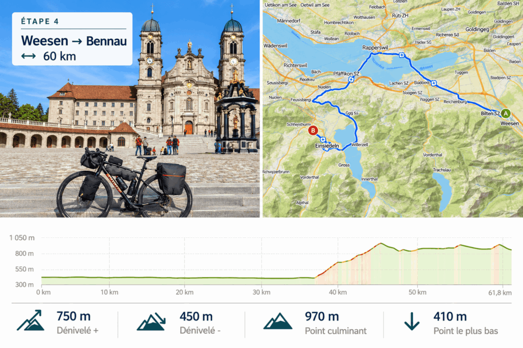 Infographie de l'étape 4 Weesen - Bennau avec photo, profil et fond de carte Komoot.