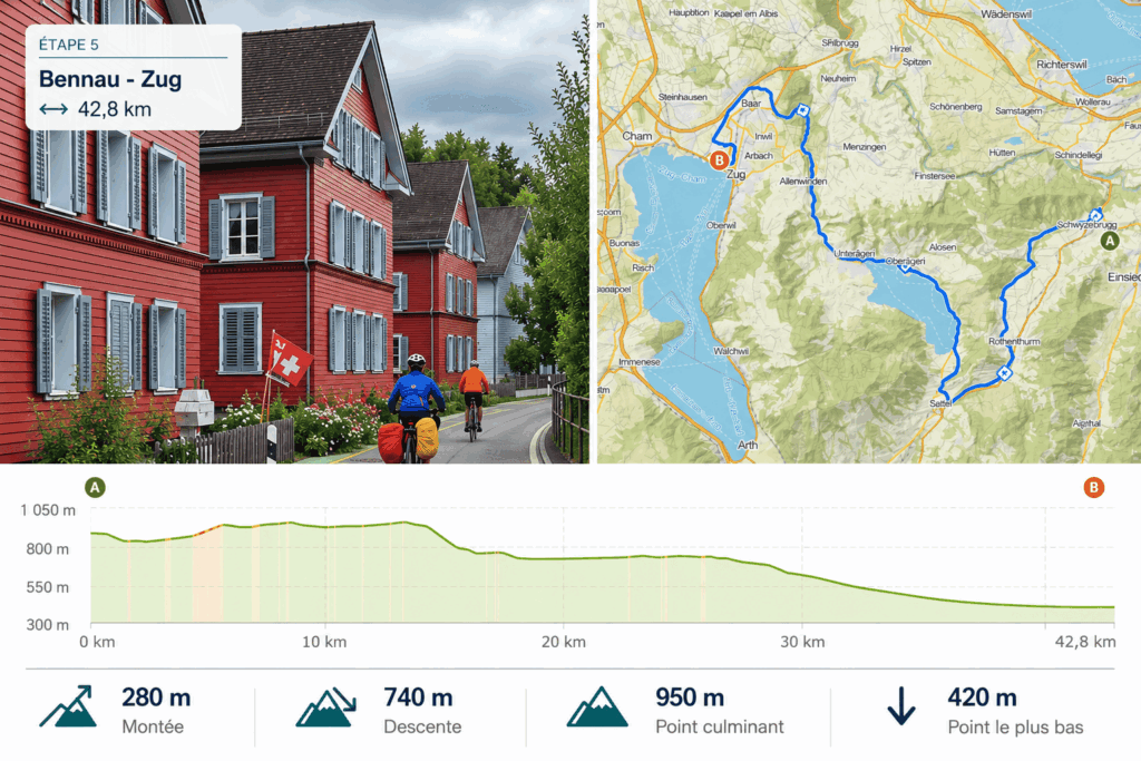 Infographie de l'étape 5: Bennau - Zug avec photo, profil et fond de carte Komoot.