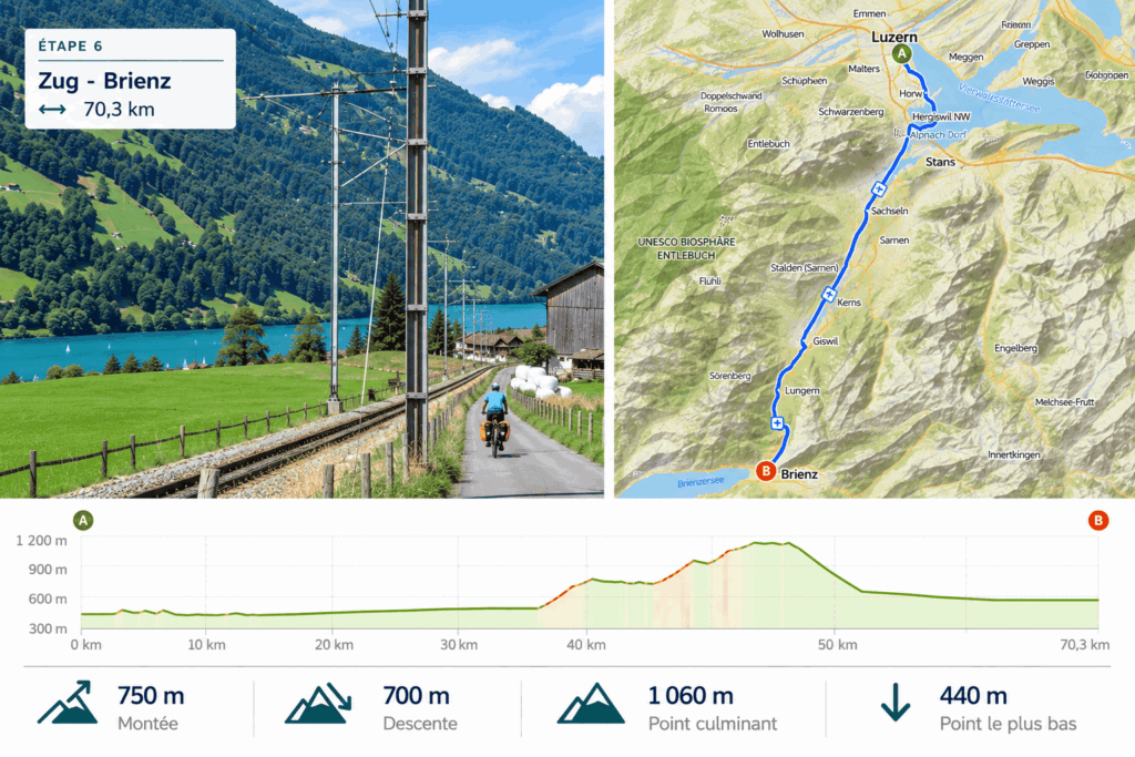 Infographie de l'étape 6 : Zug - Brienz avec photo, profil et fond de carte Komoot.