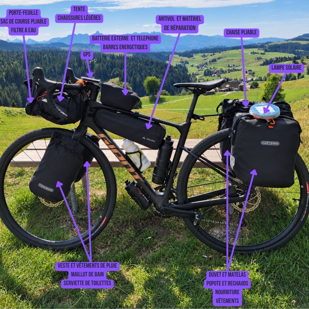 Description de la répartition des bagages dans sacoches de vélo bikepacking et cyclotourisme
