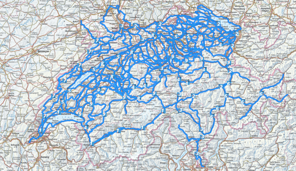 Capture d'écran du réseau d'itinéraires nationaux et régionaux de Suissemobile